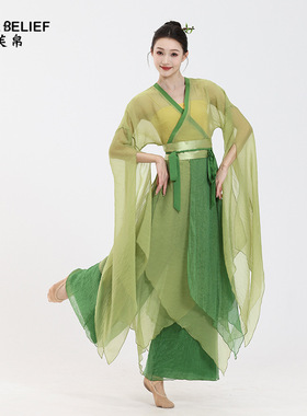 芙帛绿色古典舞蹈服装练功服上衣女长款纱衣表演服古风演出服飘逸