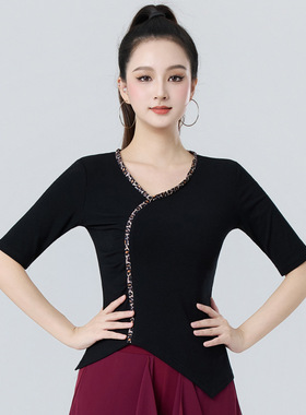 黑色舞蹈练功服女成人新款现代舞跳舞时尚v领不规则拉丁舞上衣