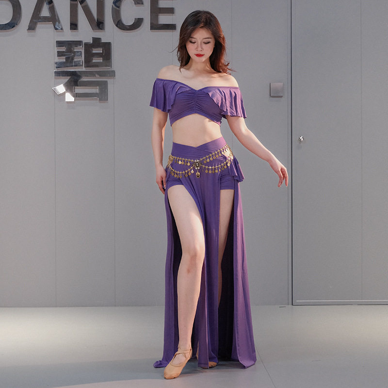 莫代尔紫色肚皮舞服装练功服性感长裙大码演出舞蹈套装新款初学者