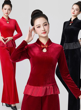 2025秋冬新款丝绒广场舞舞蹈服套装女长袖长裤加厚形体训练功服