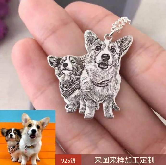 s925纯银宠物绘画项链DIY定制个性猫猫狗牌涂鸦刻名字钥匙扣吊坠