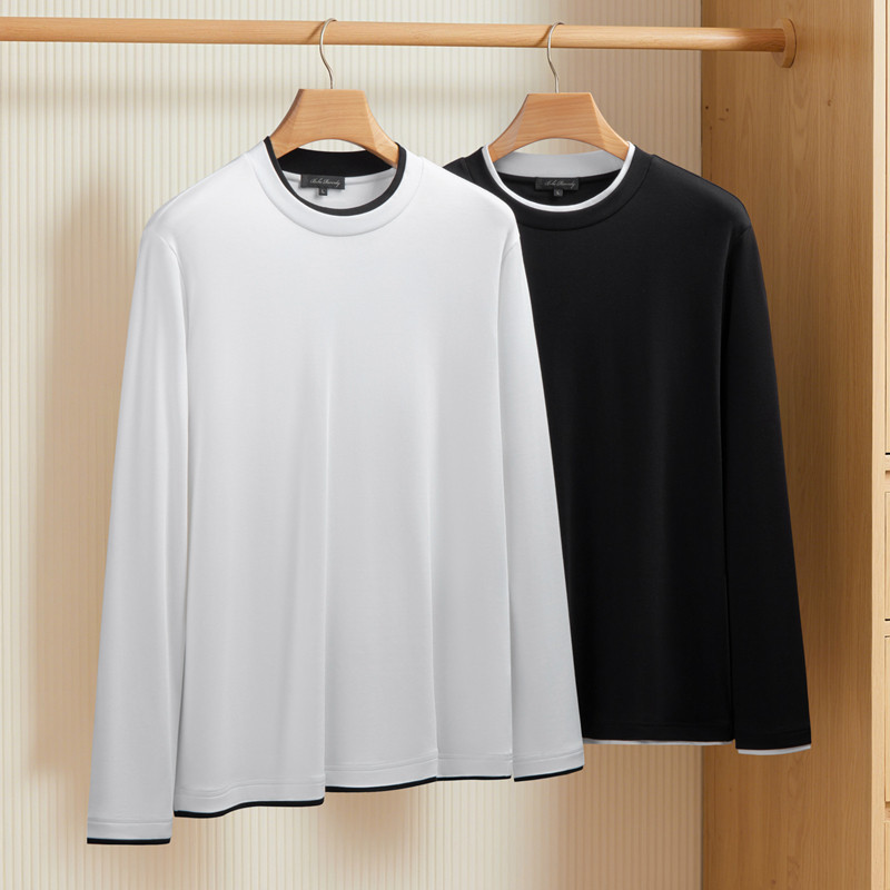 柔滑莫代尔棉假两件长袖T恤男