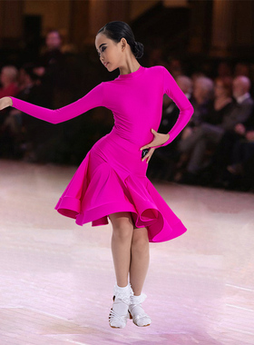 YG少儿拉丁舞规定比赛服前圆后V领欧珠工定制女童精英长袖考级服