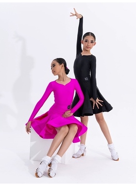 YG工厂少儿拉丁舞桃心领规定比赛服精英欧标珠光女童长袖大考级服