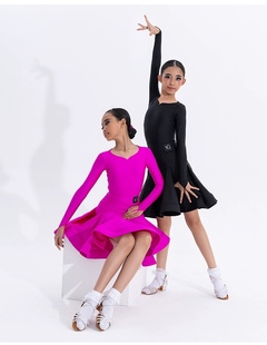 YG工厂少儿拉丁舞桃心领规定比赛服精英欧标珠光女童长袖大考级服