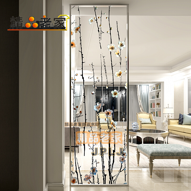 定制新中式透明钢化雕花彩色艺术玻璃隔断屏风客厅玄关家用隔断墙