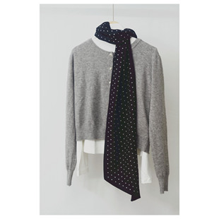 高密棉麻黑白复古洋气波点围巾女韩版 饰配搭护颈窄小丝巾 氛围感装