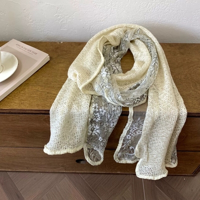 绣花拼接针织蕾丝窄小丝巾小围巾