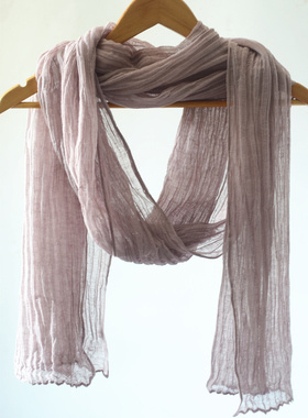 春秋气质浅灰色棉麻围巾 纯色文艺褶皱肌理亚麻围巾披肩纱巾