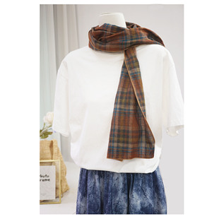复古红咖格子纯棉窄小围巾女春夏薄款文艺百搭长款护颈装饰丝巾男