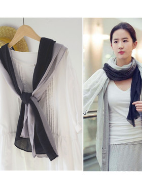 春夏轻薄防晒拼色拼接围巾 百搭文艺灰色棉麻手感旅行披肩女