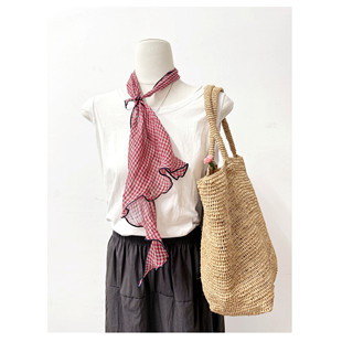 春夏复古亚麻红色格子三角巾文艺风薄款屁帘腰巾空调房护颈头巾女