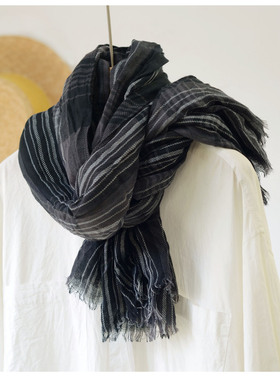 日系文艺风条纹黑灰色棉麻薄款围巾女春秋百搭长款出游柔软披肩男