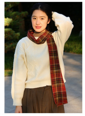 复古氛围感圣诞红色格子围巾春秋男女装饰保暖配搭纯棉细长小围巾
