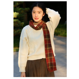 复古氛围感圣诞红色格子围巾春秋男女装饰保暖配搭纯棉细长小围巾