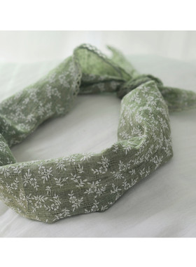 夏绿色小领巾  清新文艺草绿桃红小碎花棉麻三角巾 护颈防晒头巾