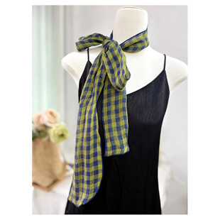 纯亚麻细长条格子撞色窄丝巾女 春夏季出游装饰护颈小领巾发带