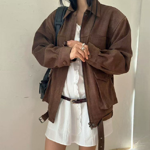 2025秋季 韩国东大门复古翻领拉链宽松显瘦麂皮绒夹克外套女 新款