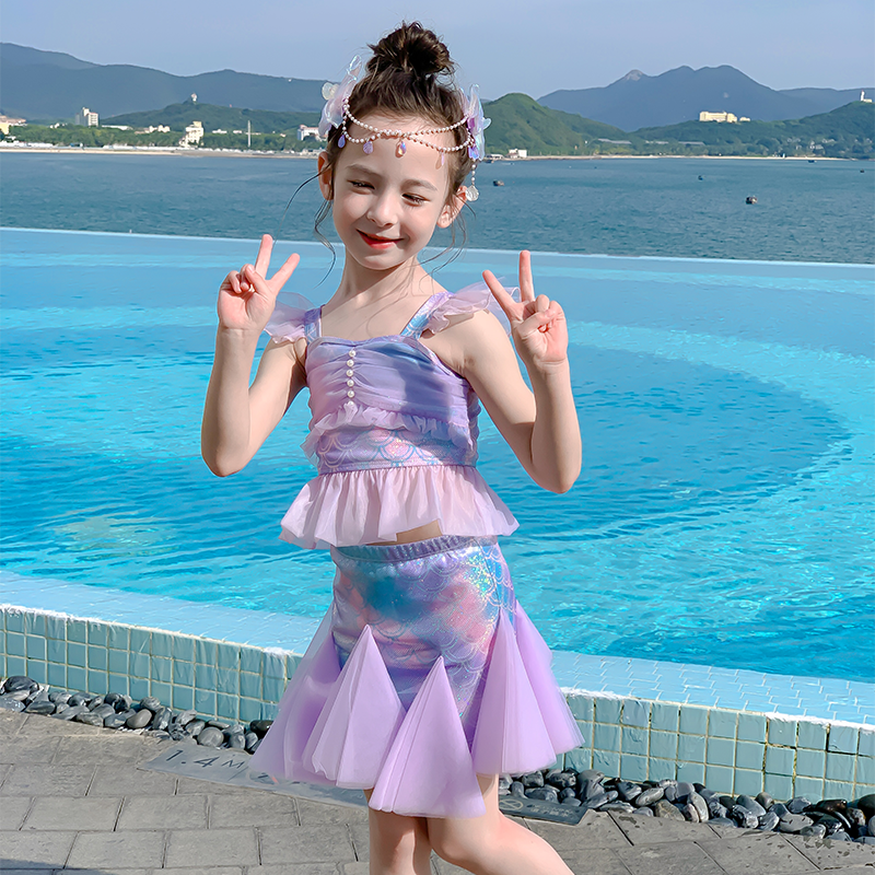 女童绝美泳衣新款超仙洋气公主美人鱼分体泳装中小童女孩海滩泳衣