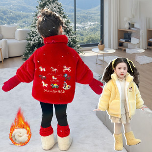 女童中长款毛毛衣冬季加厚外套红色喜庆女宝宝拜年服儿童过年外套