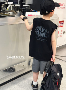 男童背心儿童无袖t恤夏薄款2026夏季新款男孩夏装上衣黑色坎肩潮