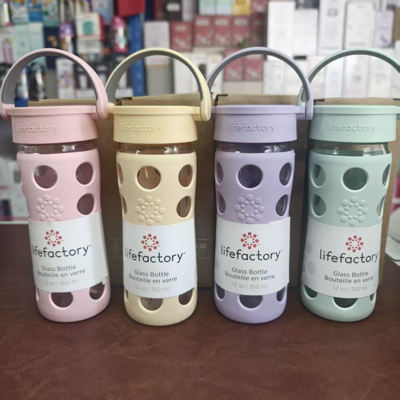 清仓美国lifefactory硅胶套350ml提手经典盖玻璃水杯