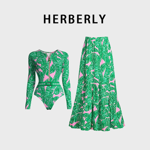 HERBERRY泳装长袖拉链绿色印花冲浪服套装泡温泉度假裙式连体泳衣