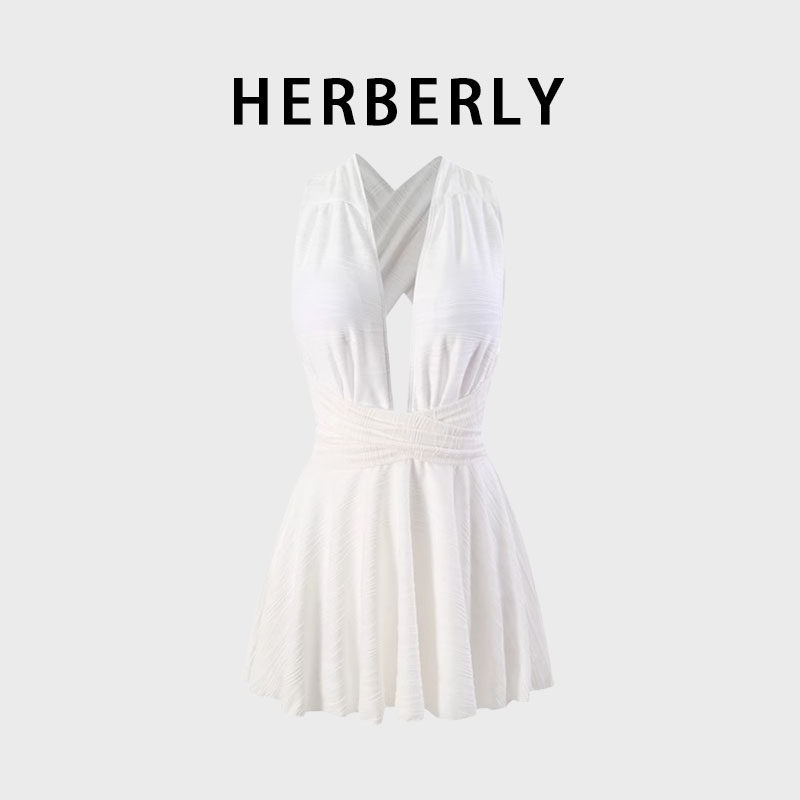 HERBERRY泳装高级纯白深V绝美性感露背度假海边温泉裙式连体泳衣