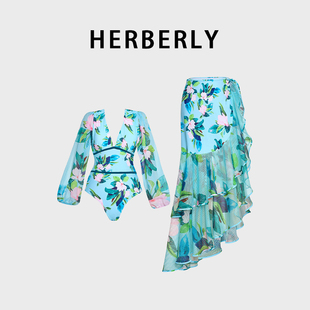 HERBERRY泳装法式复古深V显瘦性感印花泡温泉不规则裙式连体泳衣