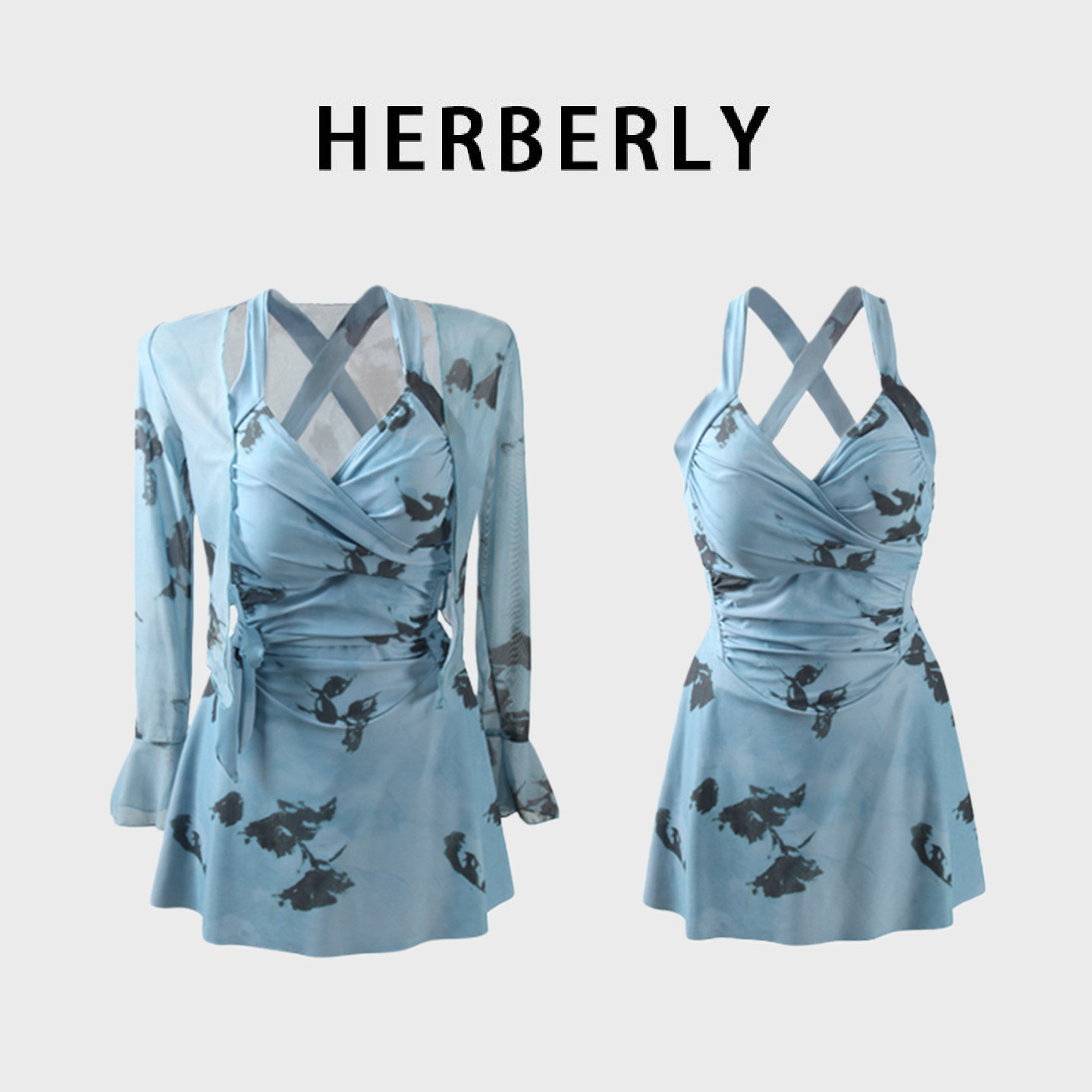 HERBERRY泳装高级长袖防晒显瘦遮肚大码沙滩泡温泉度假连体游泳衣