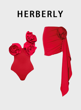 HERBERRY泳装纯欲风时尚妖娆性感比基尼红色火辣沙滩度假连体泳衣