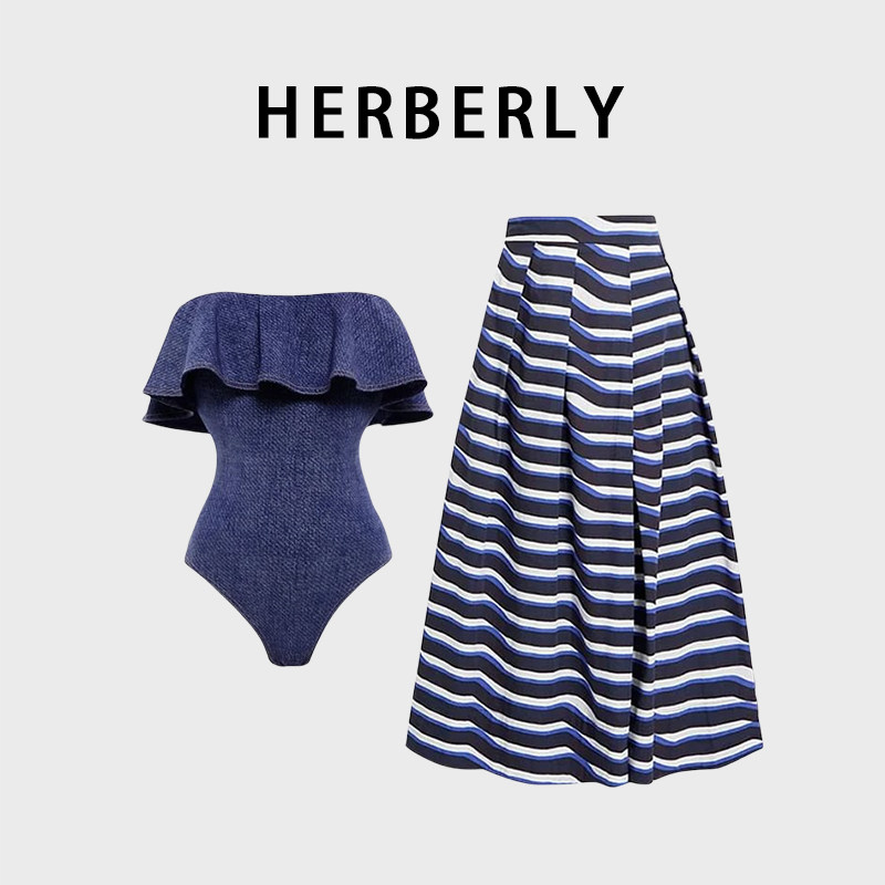 HERBERRY泳装女欧美复古抹胸性感游泳衣时尚温泉度假连体泳衣裹裙