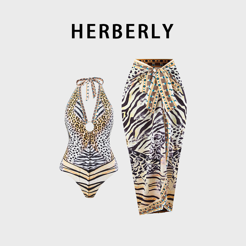 HERBERRY泳装复古豹纹印花系带挂脖遮肚露背沙滩温泉裙式连体泳衣