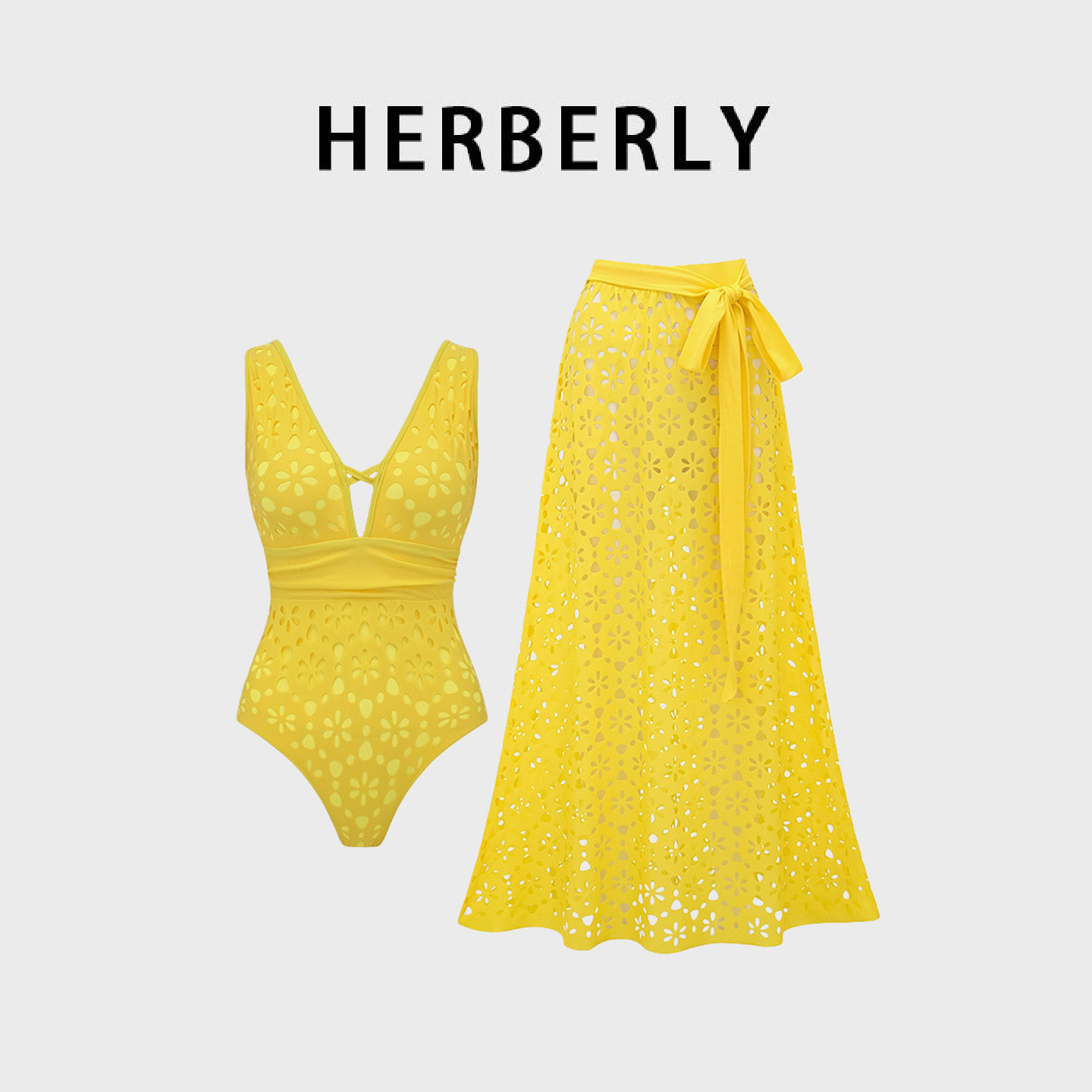 HERBERRY泳装欧美镂空高级显白显瘦深V性感泡温泉度假连体泳衣裙