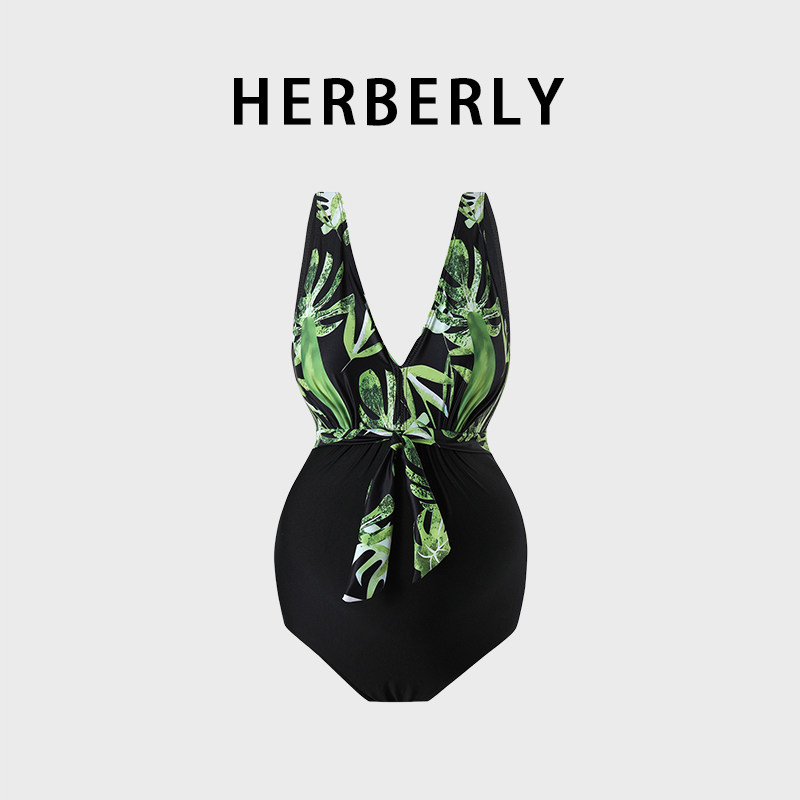 HERBERRY泳装孕妇三角连体游泳衣深V显瘦印花系带遮肚洋气比基尼