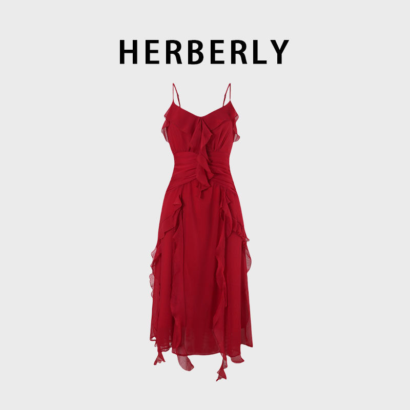 HERBERRY纯欲风火辣显瘦性感沙滩海边度假长裙吊带V领绝美连衣裙