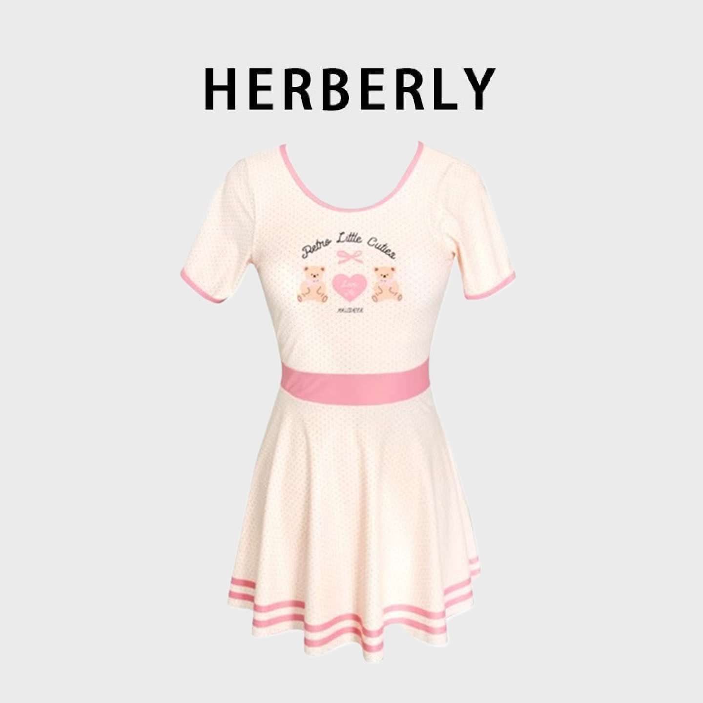 HERBERRY泳装少女甜美卡通保守显瘦遮肚短袖温泉度假裙式连体泳衣