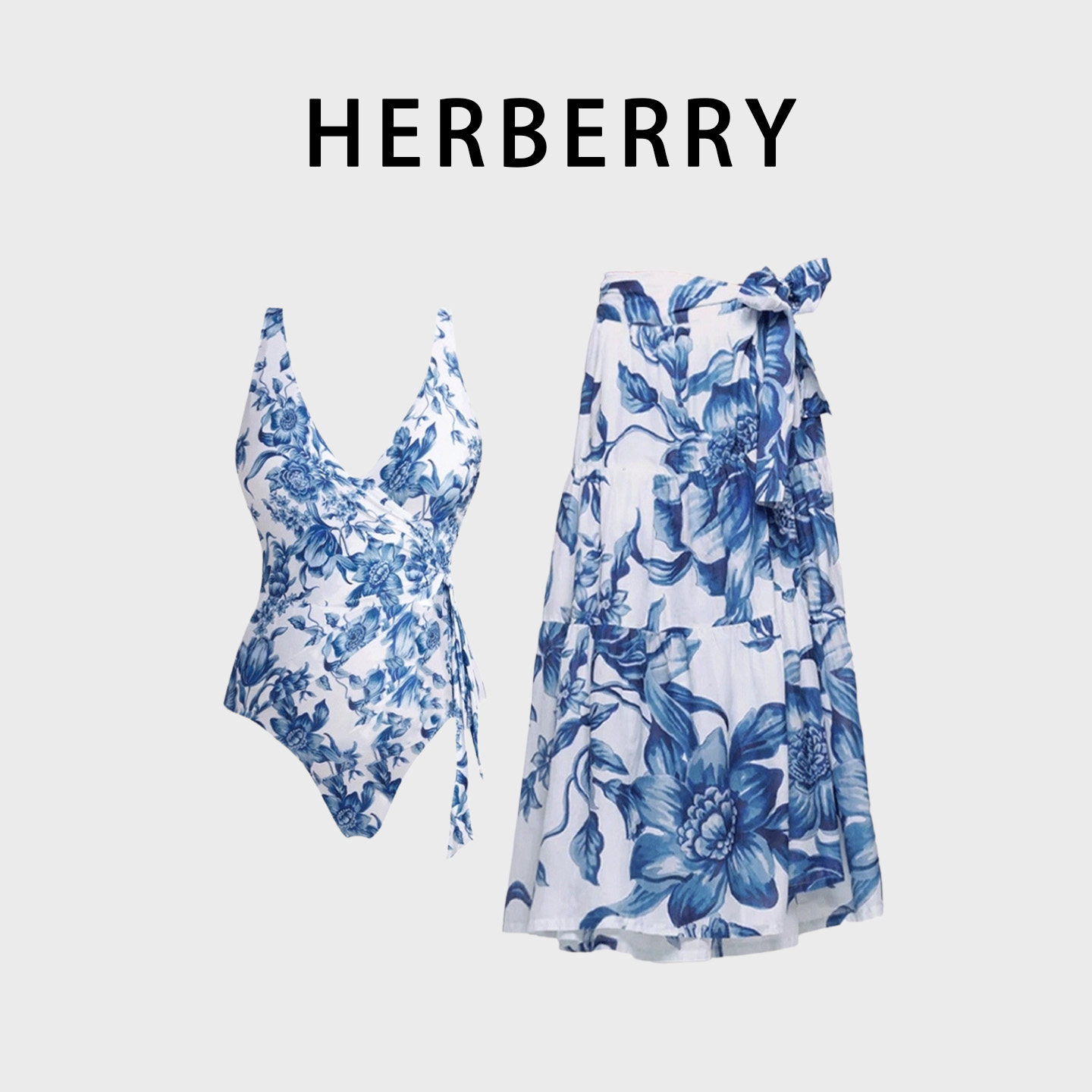 HERBERRY泳装欧美大码深V显瘦性感比基尼泡温泉度假裙式连体泳衣