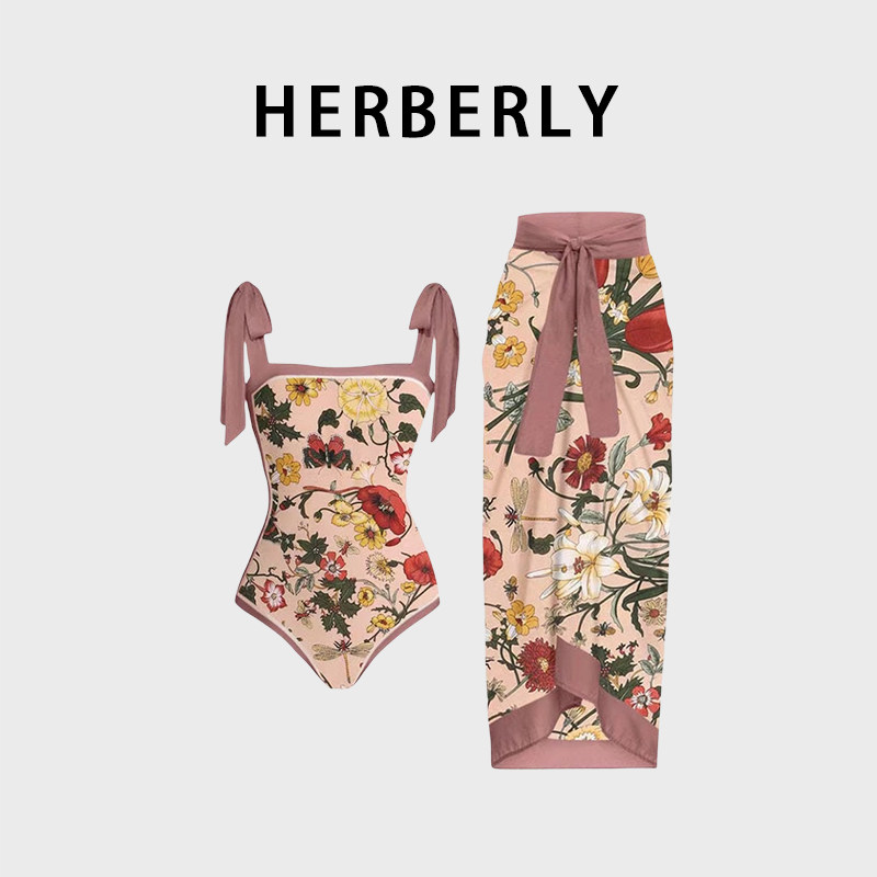 HERBERRY泳装夏季纯欲风保守遮肚包臀长裙温泉度假裙式连体游泳衣