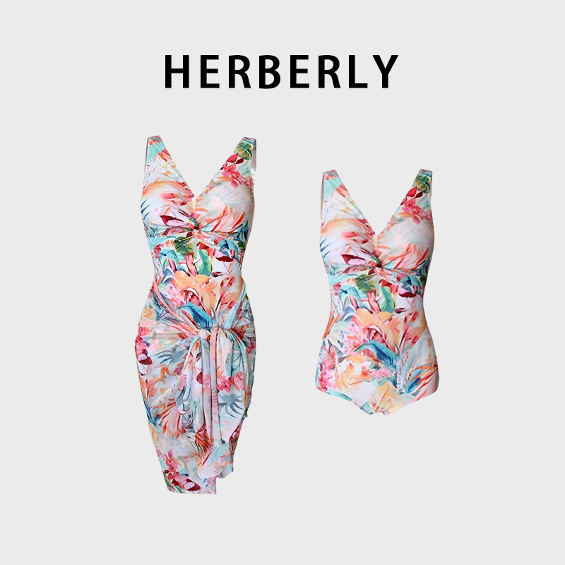HERBERRY泳装情侣水上乐园钢托聚拢比基尼海边度假裙式连体游泳衣