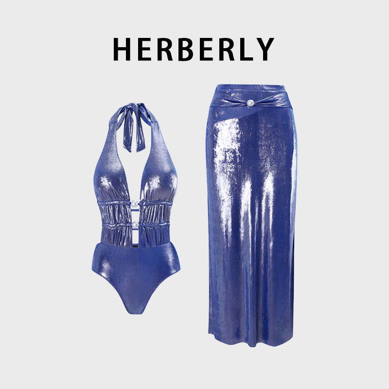 HERBERRY泳装欧美高级小众亮面深V性感挂脖露背度假连体泳衣长裙