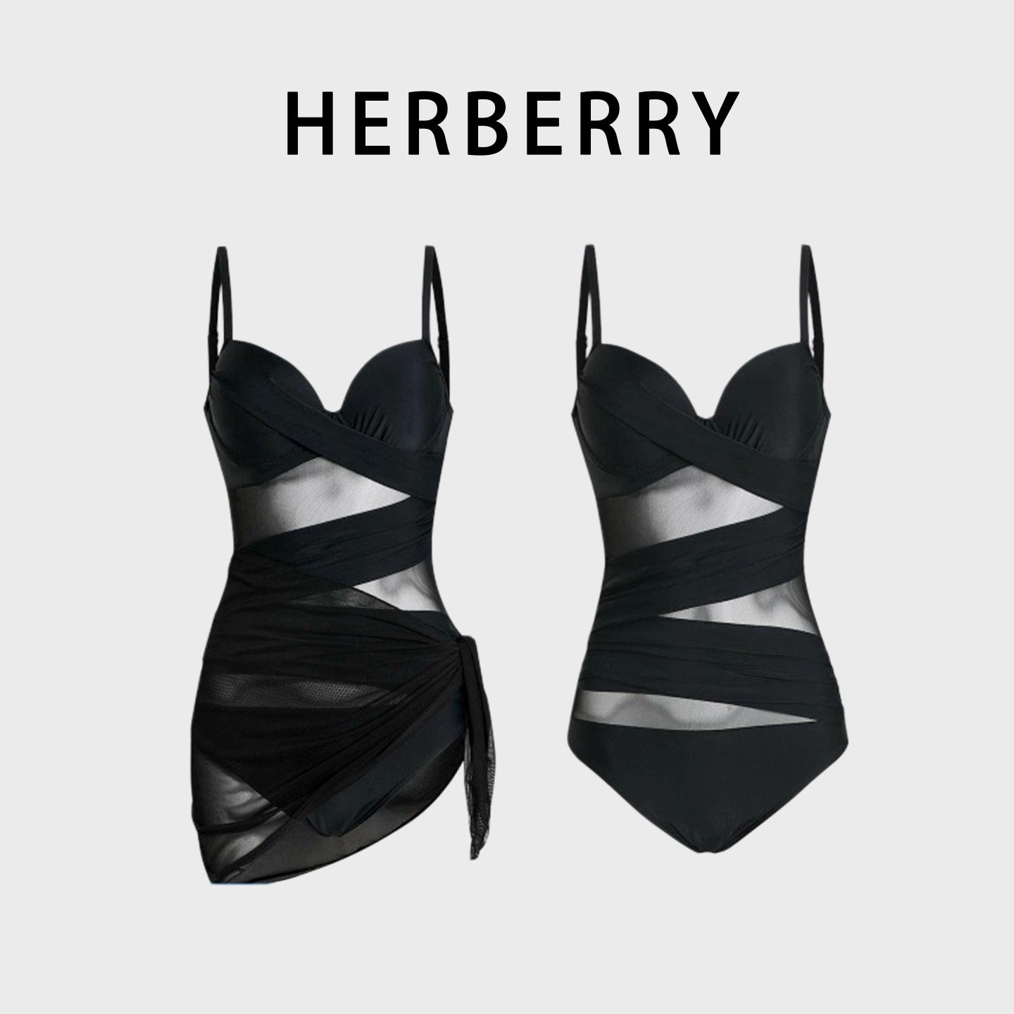 HERBERRY泳装高级黑色深V性感漏背纯欲保守镂空显瘦连体泳衣裹裙