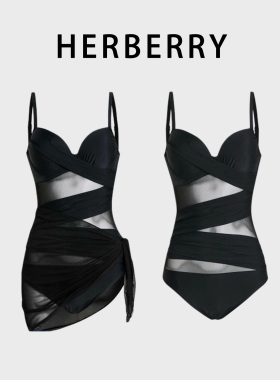 HERBERRY泳装高级黑色深V性感漏背纯欲保守镂空显瘦连体泳衣裹裙