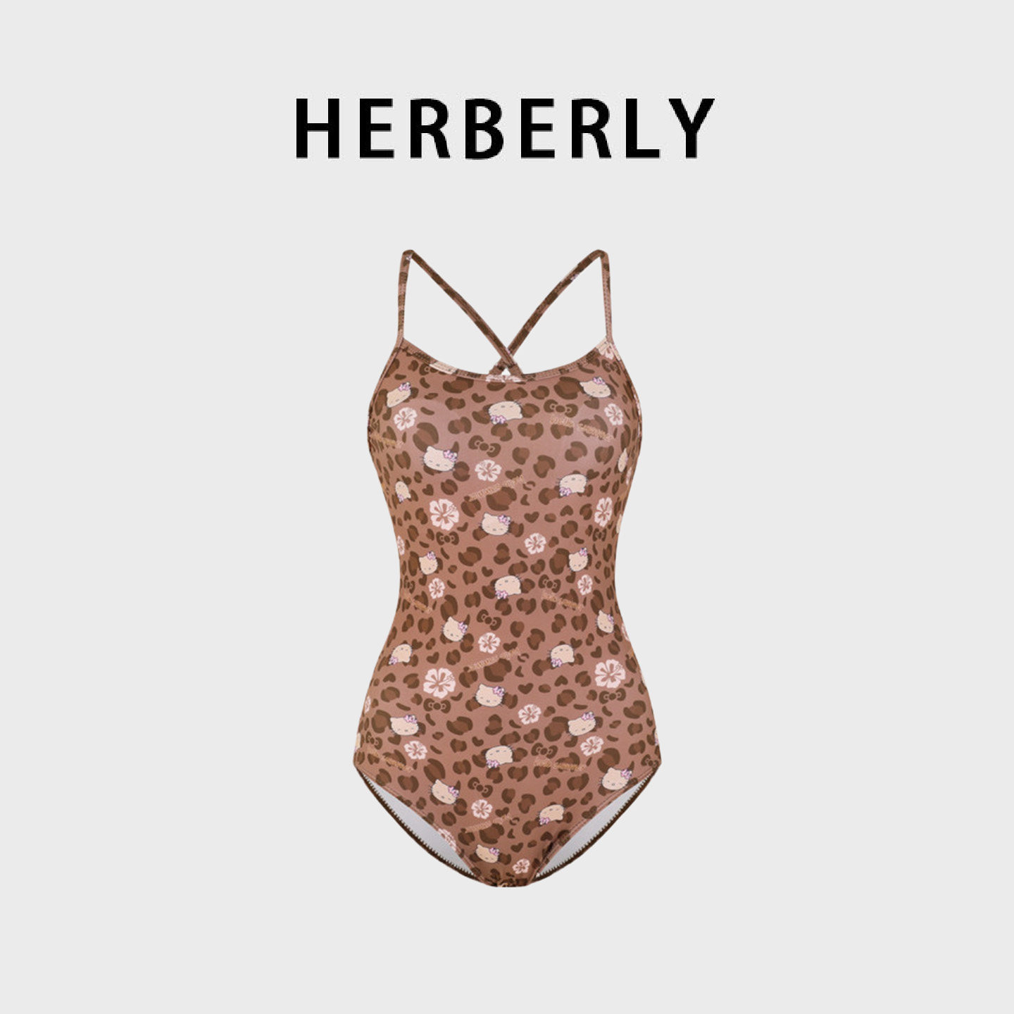 HERBERRY泳装少女卡通可爱性感显瘦露背连体三角竞速咖色游泳衣