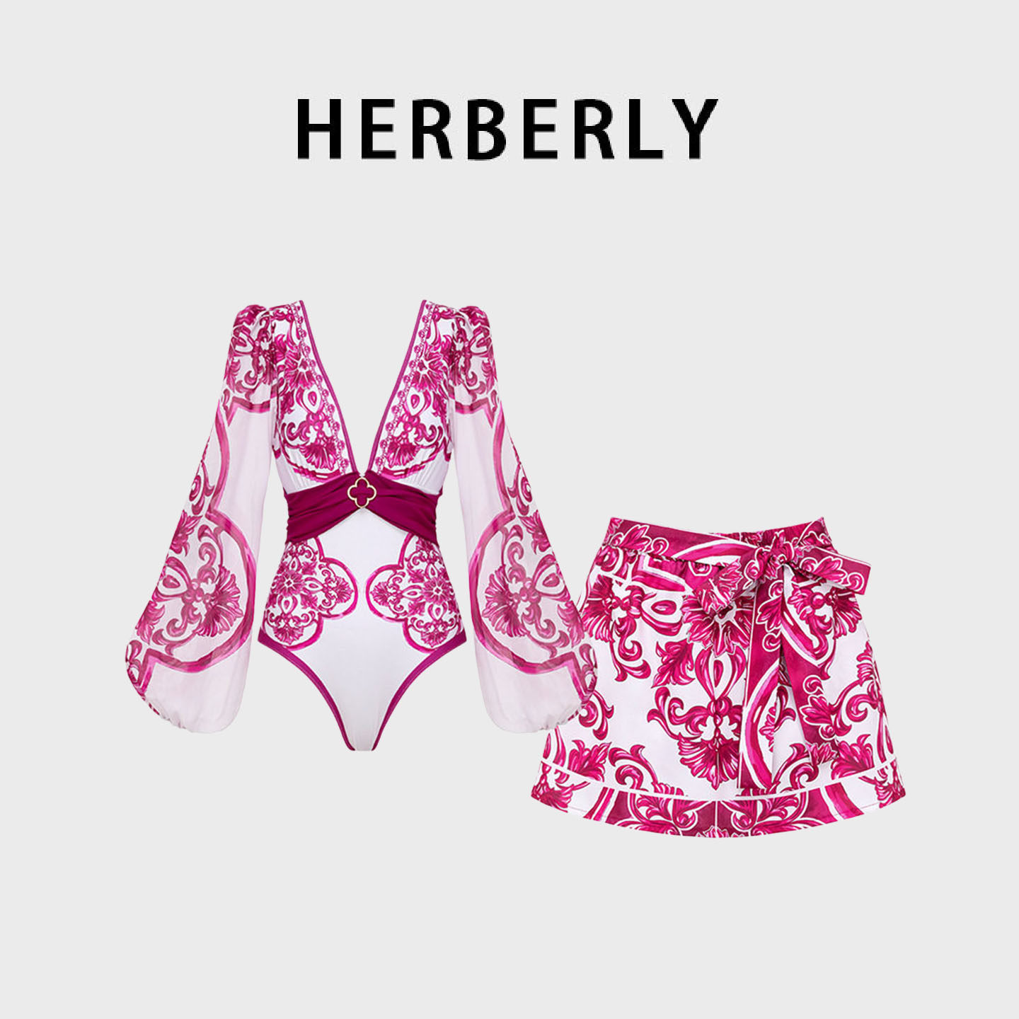 HERBERRY泳装高级时尚深V显瘦性感比基尼泡温泉度假印花连体泳衣