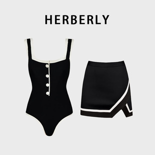 HERBERRY泳装高级法式复古ins风显瘦比基尼温泉度假裙式连体泳衣