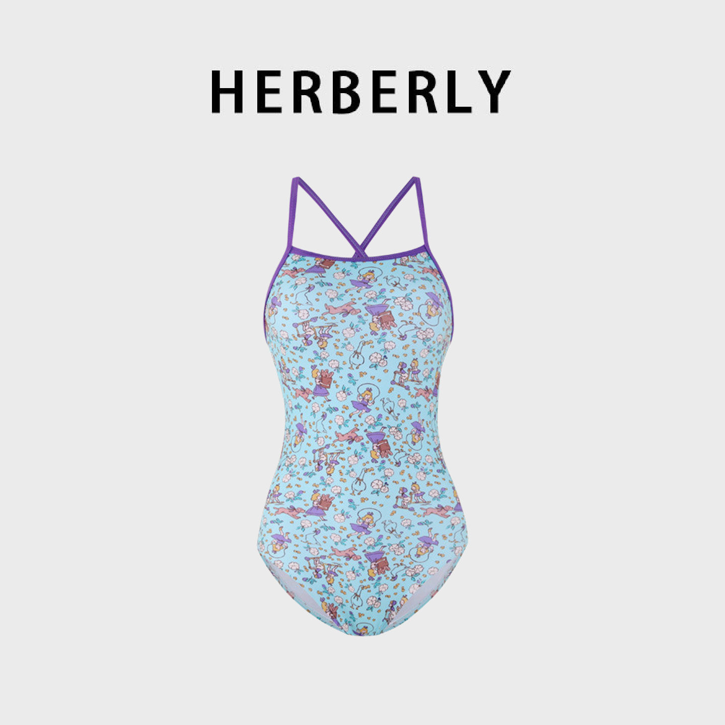 HERBERRY泳装少女卡通泰式设计保守显瘦竞速泡温泉度假连体游泳衣