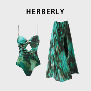 HERBERRY泳装高级显白显瘦镂空比基尼泡温泉度假绝美连体泳衣长裙