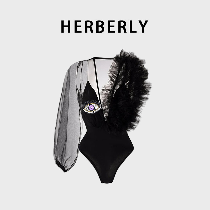 HERBERRY泳装小众深V网纱拼接透视性感连体泳衣泡温泉度假比基尼