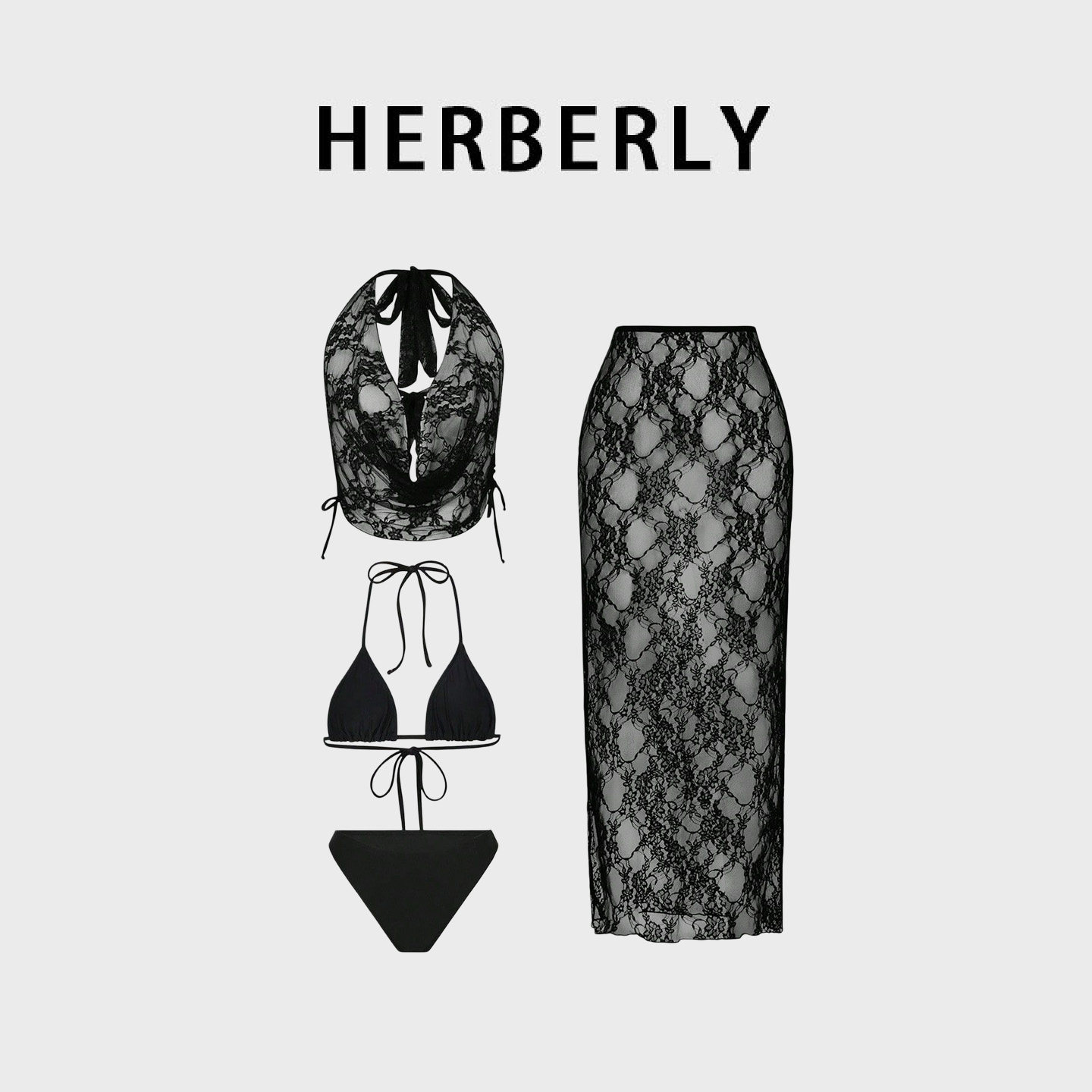 HERBERRY泳装蕾丝性感透视比基尼V领挂脖泡温泉度假分体泳衣裹裙